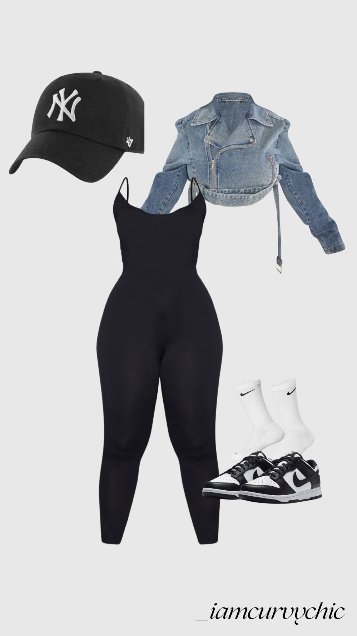 Plus Size black jumpsuit, denim jacket, pandas, Yankee hat 

#LTKplussize #LTKshoecrush #LTKSpringSale