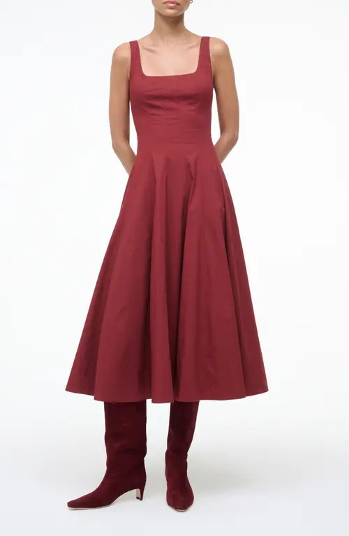 STAUD Wells Stretch Cotton Fit & Flare Midi Dress in Sangria at Nordstrom, Size 2 | Nordstrom