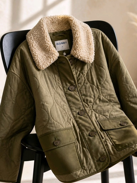 Old Navy Women's Olive Quilted Jacket with Sherpa Collar | Poshmark