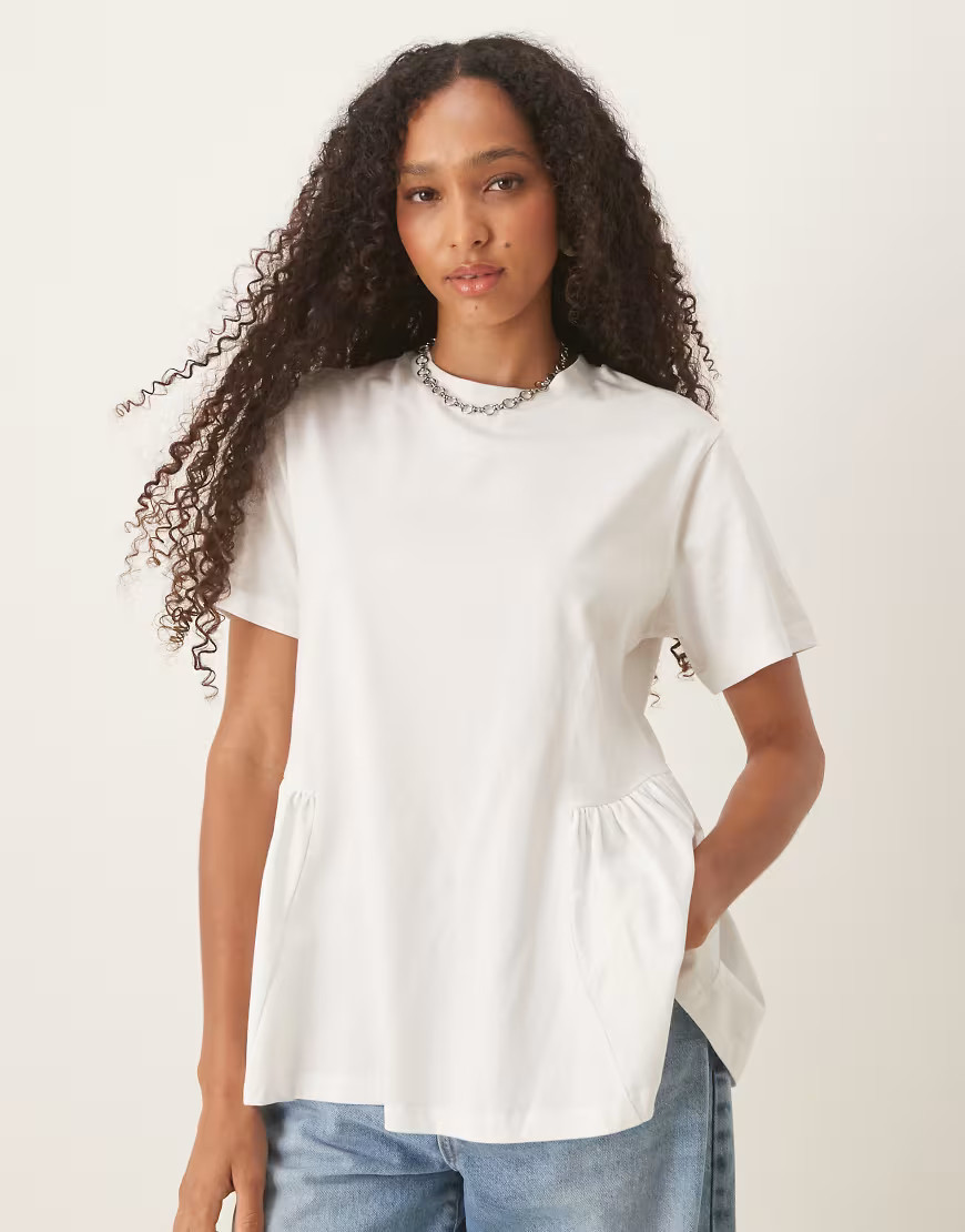 ASOS DESIGN oversized t-shirt with ruched peplum detail in cream-White | ASOS (Global)
