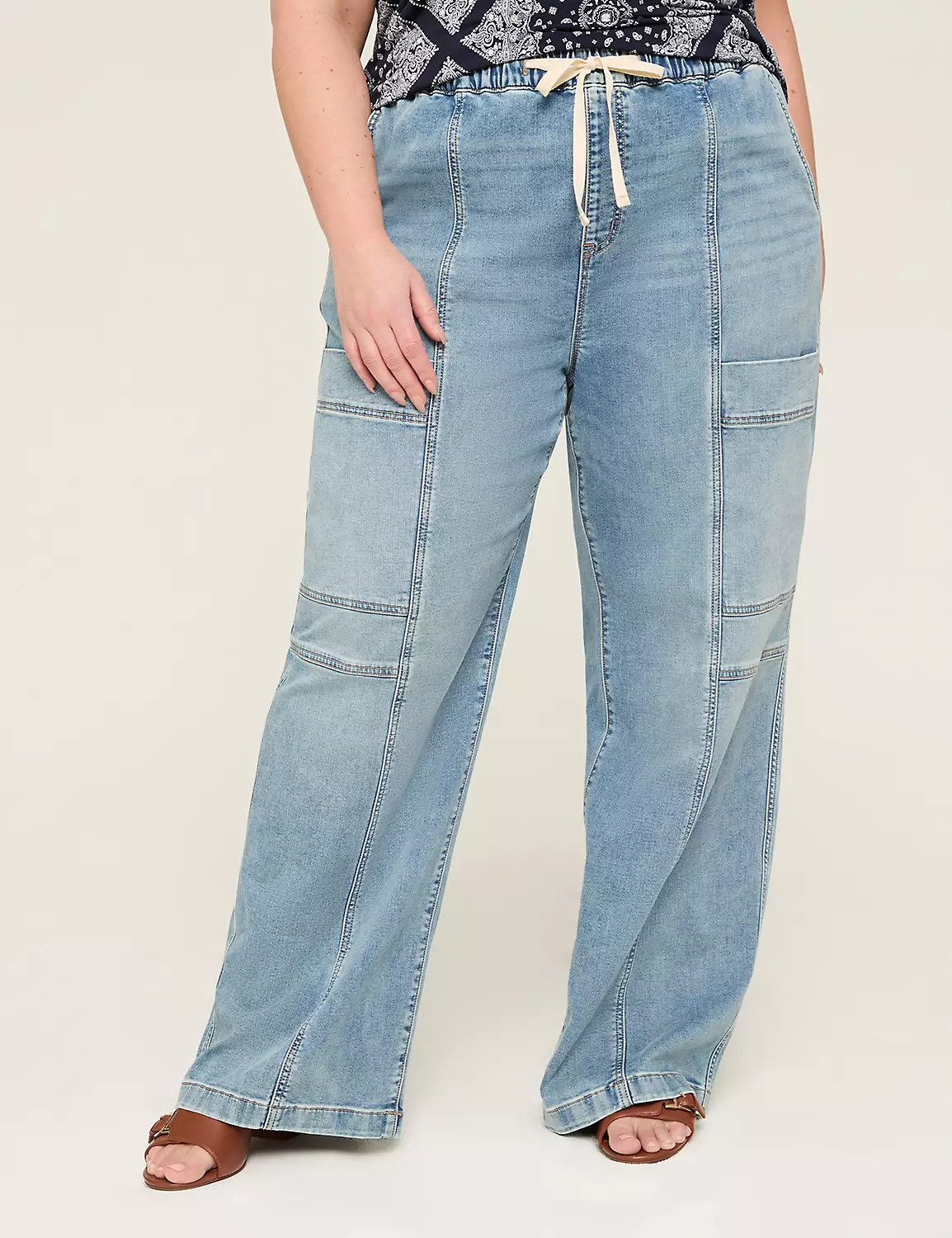 Pull-On High-Rise Knit Denim Straight Leg Cargo Jean | Lane Bryant (US)