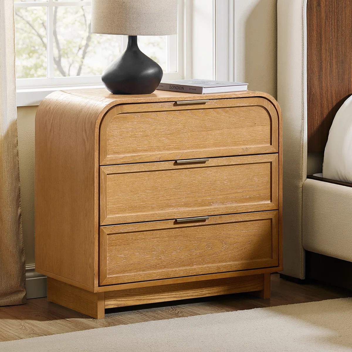 Yanick Modern 3-Drawer Arched Nightstand With Solid Wood Legs and Charging Station | Wayfair North America