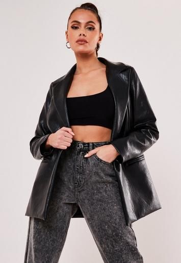 Missguided - Black Faux Leather Oversized Masculine Blazer | Missguided (UK & IE)