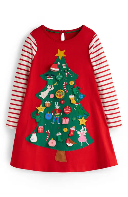 Mini Boden Kids' Christmas Tree Advent Calendar Embellished Cotton Dress in Rockabilly Red at Nordst | Nordstrom