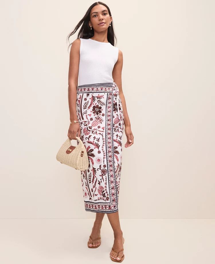 Weekend Palm Tree Print Sarong Midi Skirt in Linen Blend | Ann Taylor