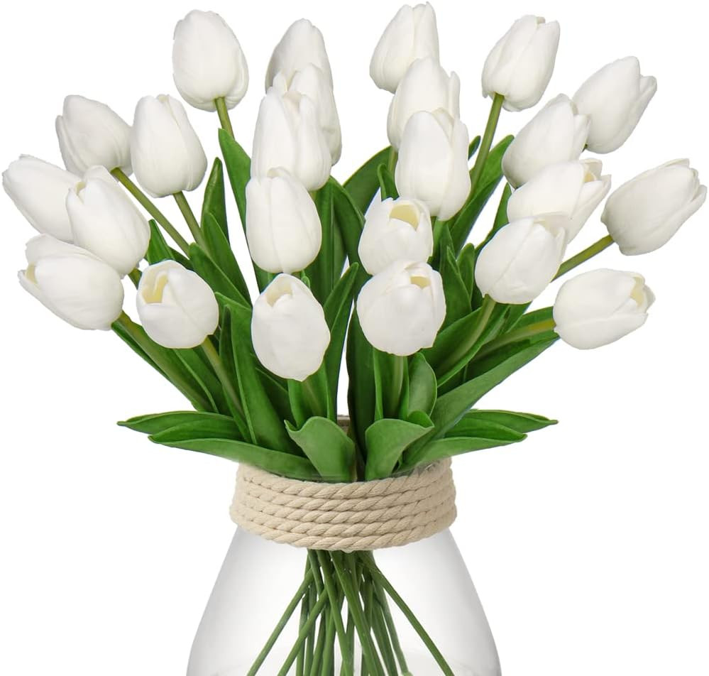 DILATATA 24pcs Blooming White Artificial Tulips - 13.5 inches Faux Flowers for Decoration - Real ... | Amazon (US)