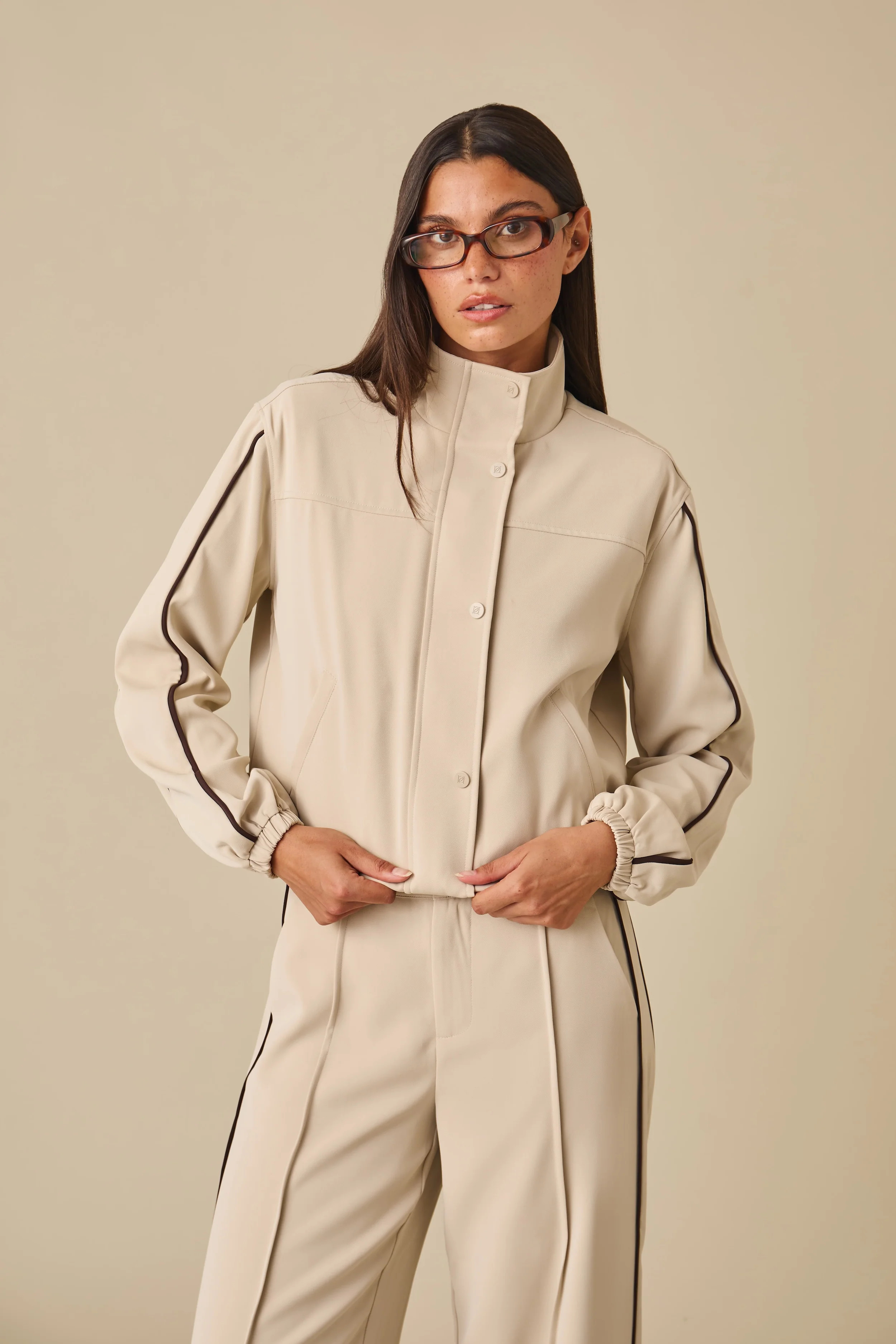 Contrast Piping Funnel Neck Jacket - Stone | Reasn