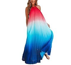Paintcolors Women's Casual Halter Sleeveless Pleated Long Maxi Dress Backless Loose Ombre Summer Bea | Amazon (US)