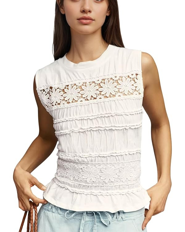 calbatic Women Lace Floral Embroidered Smocked Tank Top Ruffle Hem Hollow Out Crewneck Shirred Sh... | Amazon (US)