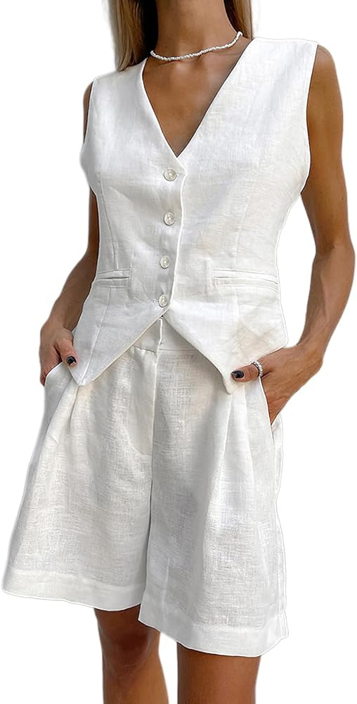 Women's 2 Piece Outfits Casual Sleeveless V Neck Button Down Blazer Vest with High Waist Shorts S... | Amazon (US)