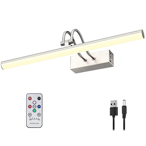 RAIFOOLLY Picture Light, 16in Battery Operated Picture Lights for Paintings,Metal Remote Control Display Art Light with Timer and Dimmable for Wall Painting,Frame, Portrait, DartBoard (Silver) | Amazon (US)
