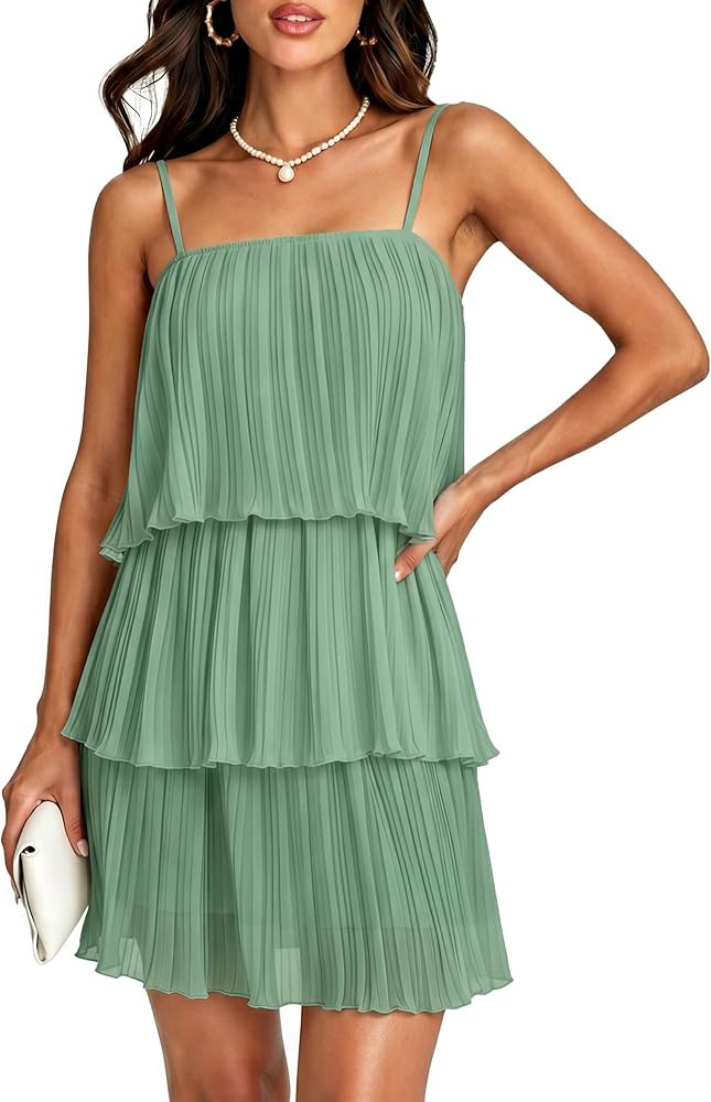 Glamaker Womens Summer 2 Piece Skirt Sets Sleeveless Spaghetti Tiered Layed Chiffon Short Sets Be... | Amazon (US)