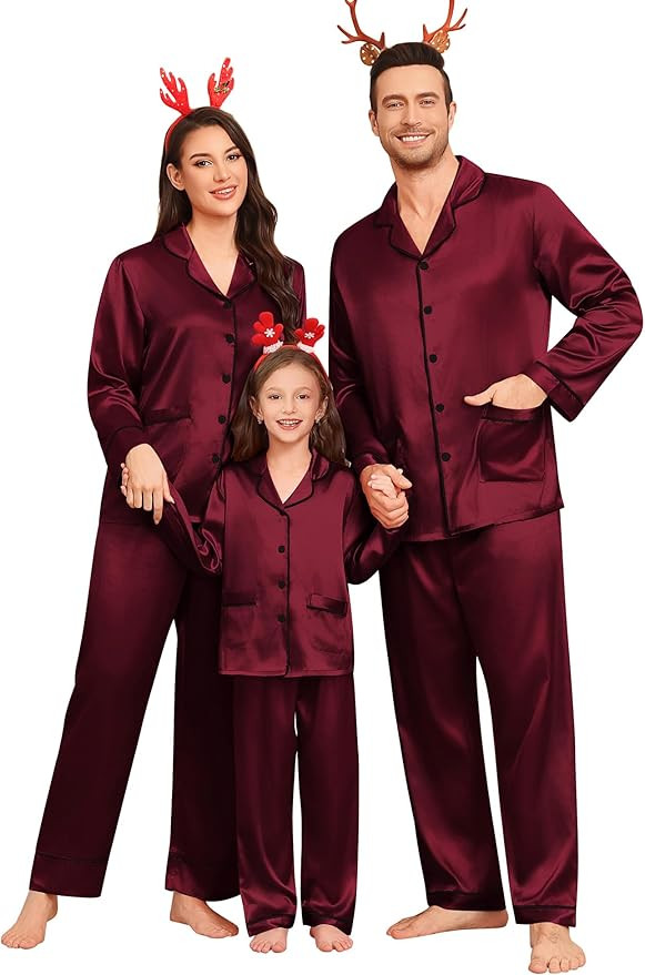 SWOMOG Matching Family Pajamas Set Women & Men & Kids Silk Satin Pjs 2 Pcs Long Sleeve Button Dow... | Amazon (CA)