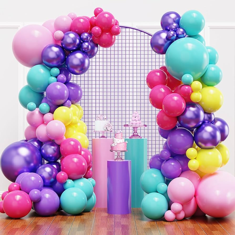 YMSZ Pink Blue Purple Balloons Arch Kit, 136pcs Hot Pink Metallic Purple Teal Yellow Balloons wit... | Amazon (US)