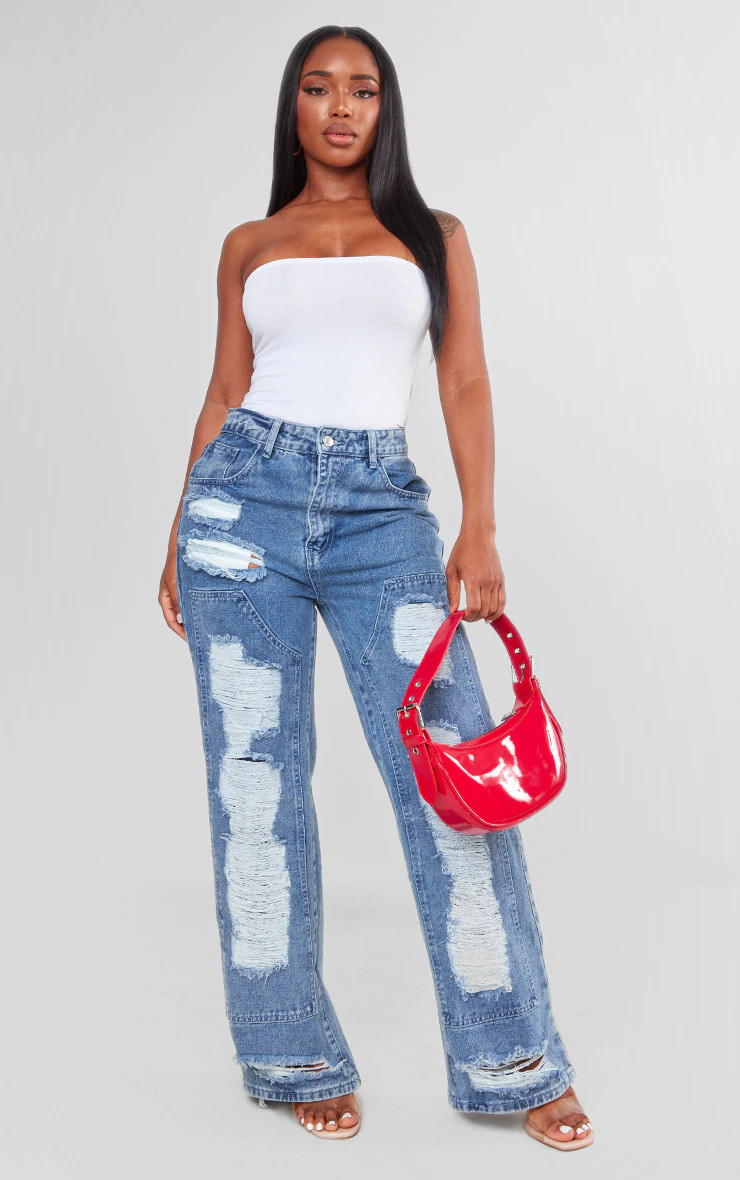 Shape Light Blue Distressed Detail Wide Leg Jeans | PrettyLittleThing US