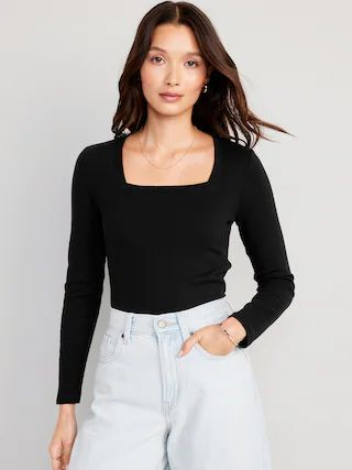 Fitted Square-Neck Rib-Knit T-Shirt for Women | Old Navy (US)