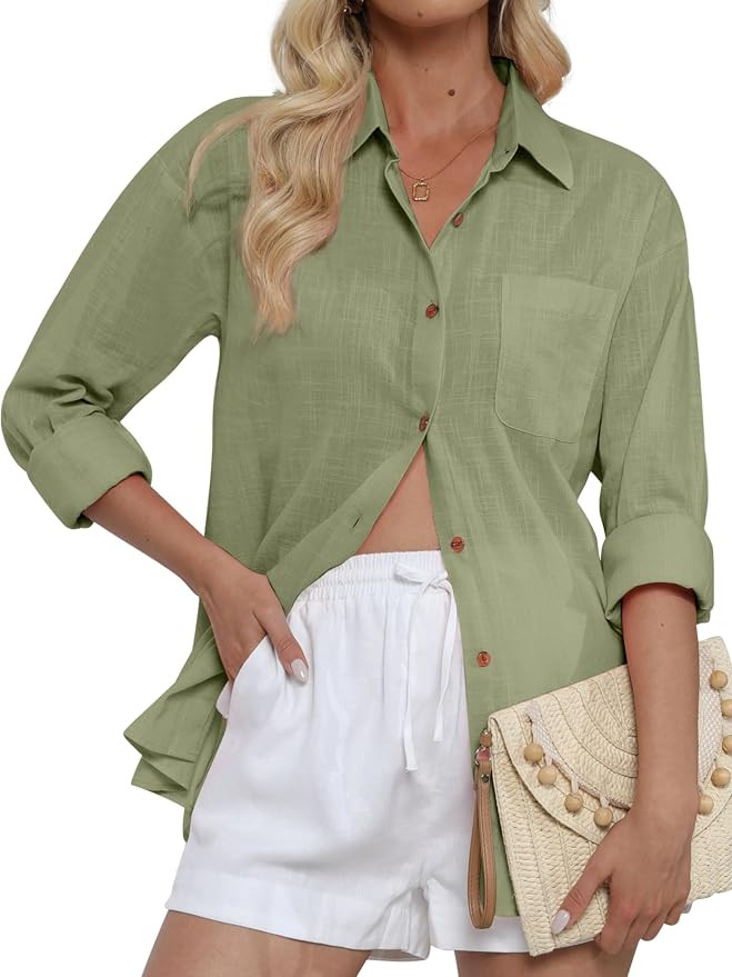 CUNLIN Womens Cotton Linen Shirt Long Sleeve Button Down Collared Blouses Dressy Casual Gauze Top... | Amazon (US)