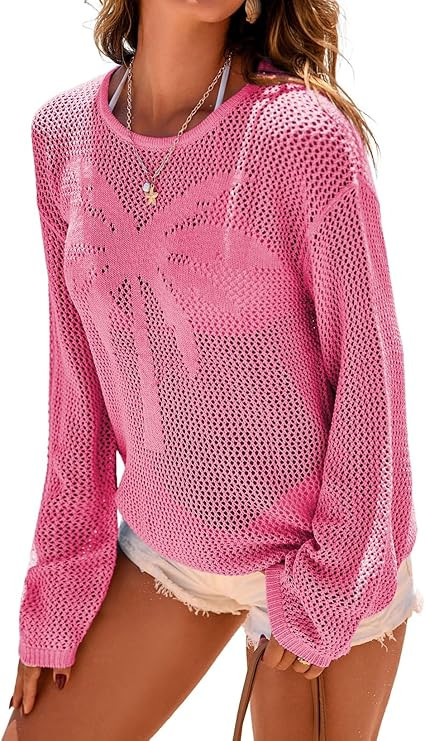 Womens Fashion 2026 Summer Crochet Hollow Out Long Sleeve Sweaters Casual Crewneck Pullover Shirt... | Amazon (US)