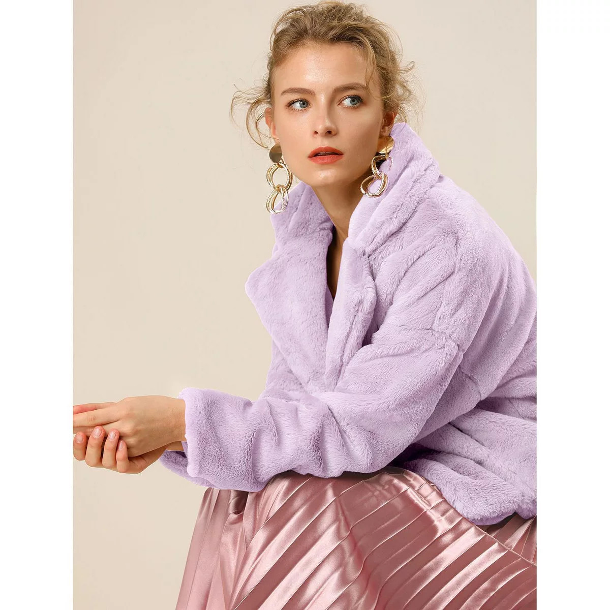 Allegra K Women's Cropped Notch Lapel Open Front Faux Fur Fluffy Coat | Target