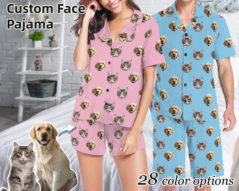 Custom Cat Dog Faces Women Men Short Sleeve Pajama Set Personalized Funny Your Photo on Pet Lover... | Etsy (US)