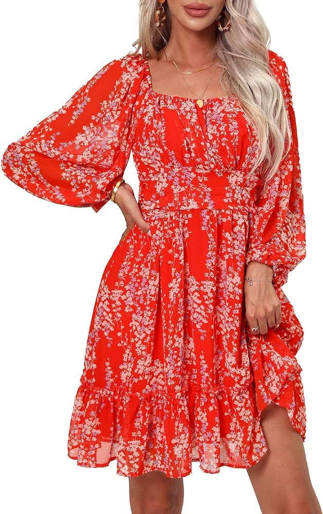 Jollycode Women's Square Neck Floral Mini Dress Long Lantern Sleeve A-Line Ruffle Flowy Short Dre... | Amazon (US)