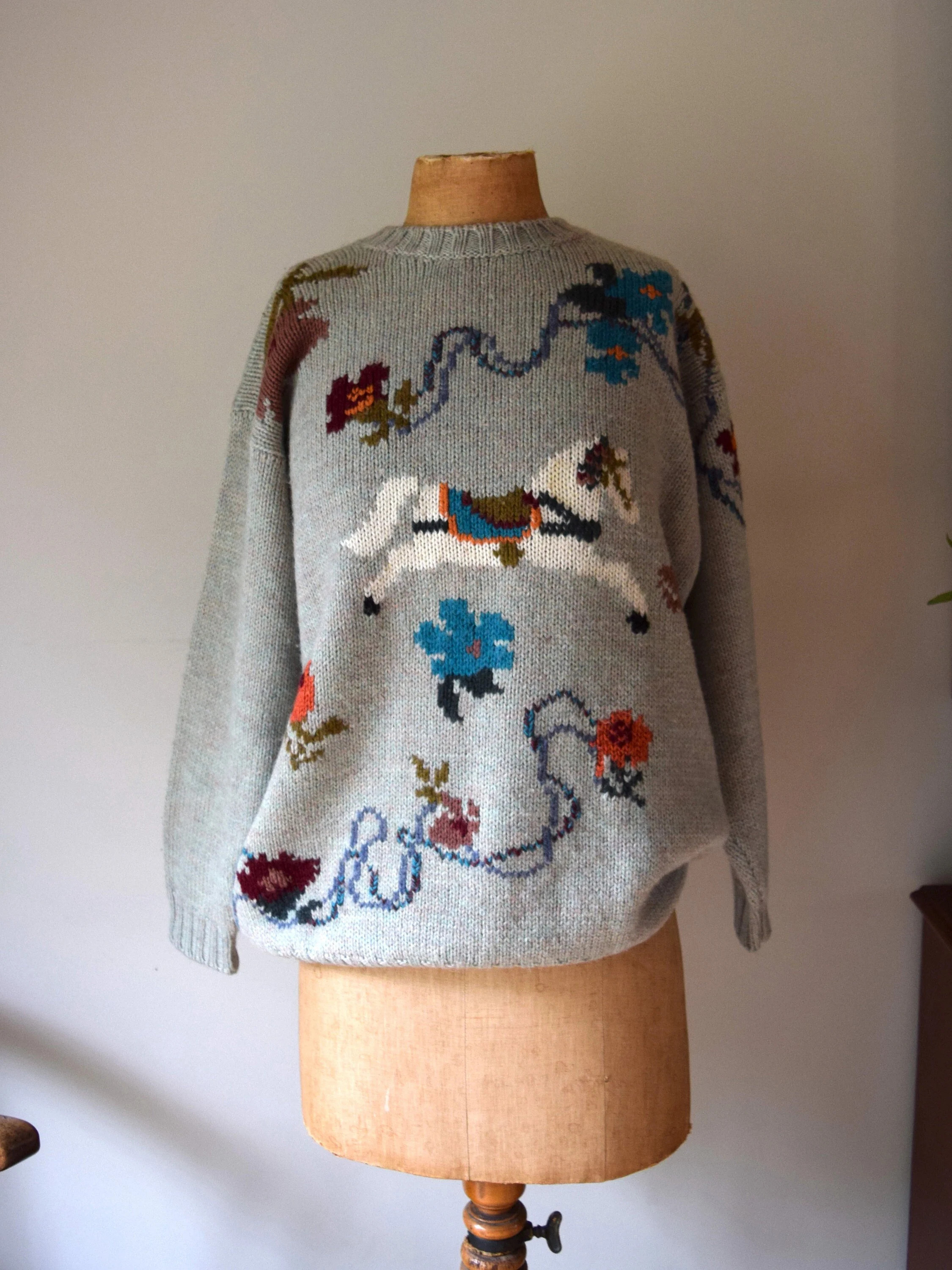 80s Horse and Flower Hand Knit Jumper. Large. Grey Speckled Wool, Novelty - Etsy | Etsy (US)