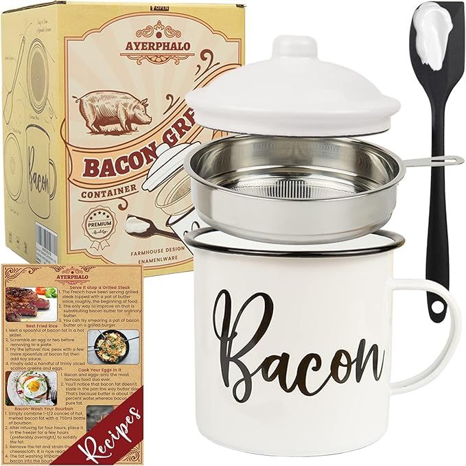 Bacon Grease Container with Strainer - With Food-Grade Silicone Spatula , 46oz Large Enamel Rusti... | Amazon (US)