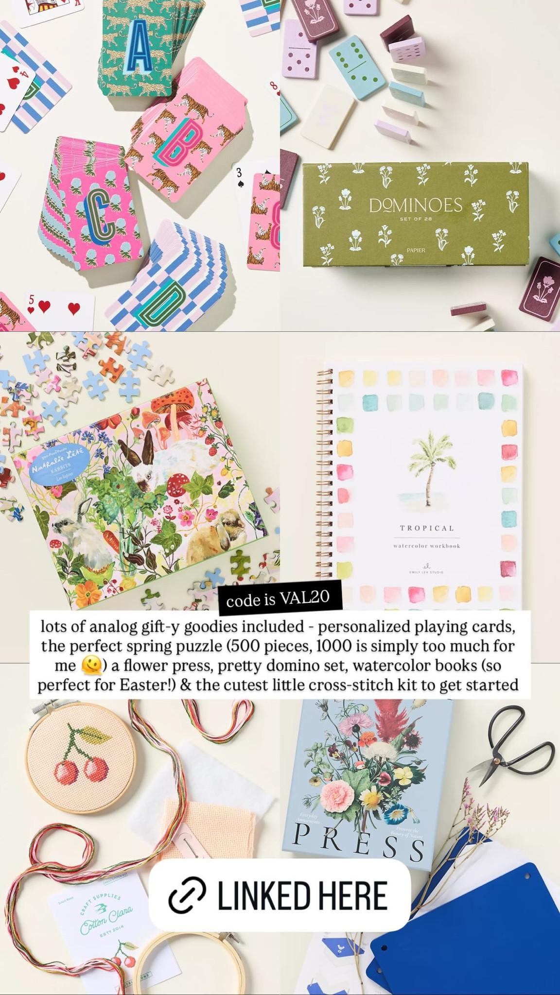 lots of analog gift-y goodies included - personalized playing cards, the perfect spring puzzle (500 pieces, 1000 is simply too much for me ) a flower press, pretty domino set, watercolor books (so perfect for Easter!) & the cutest little cross-stitch kit to get started

#LTKSpringSale #LTKHome #LTKstorytime