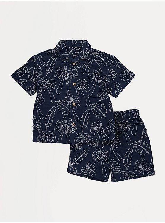 Navy Palm Tree Embroidery Shirt and Shorts Set | George