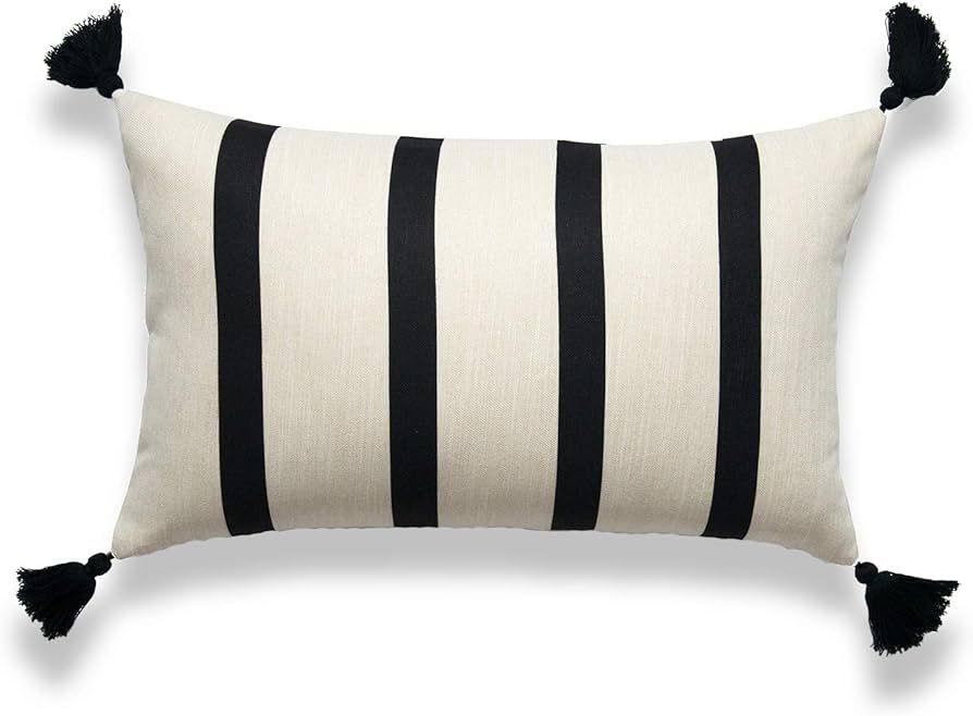 Moroccan Tassel Neutral Decorative Pillow Cover Only, Beige Black Striped, 12"x20" | Amazon (US)