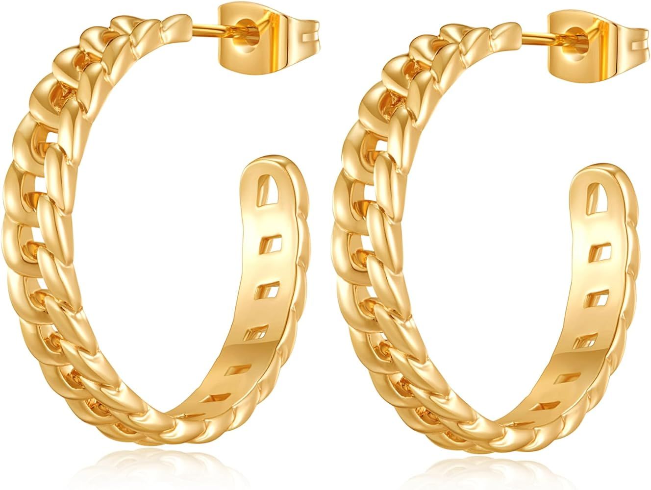 Dainty Gold Chain Link Hoop Earrings 14K Gold Plated Cuban Chain Link Hoop Earrings Gold Earrings... | Amazon (US)