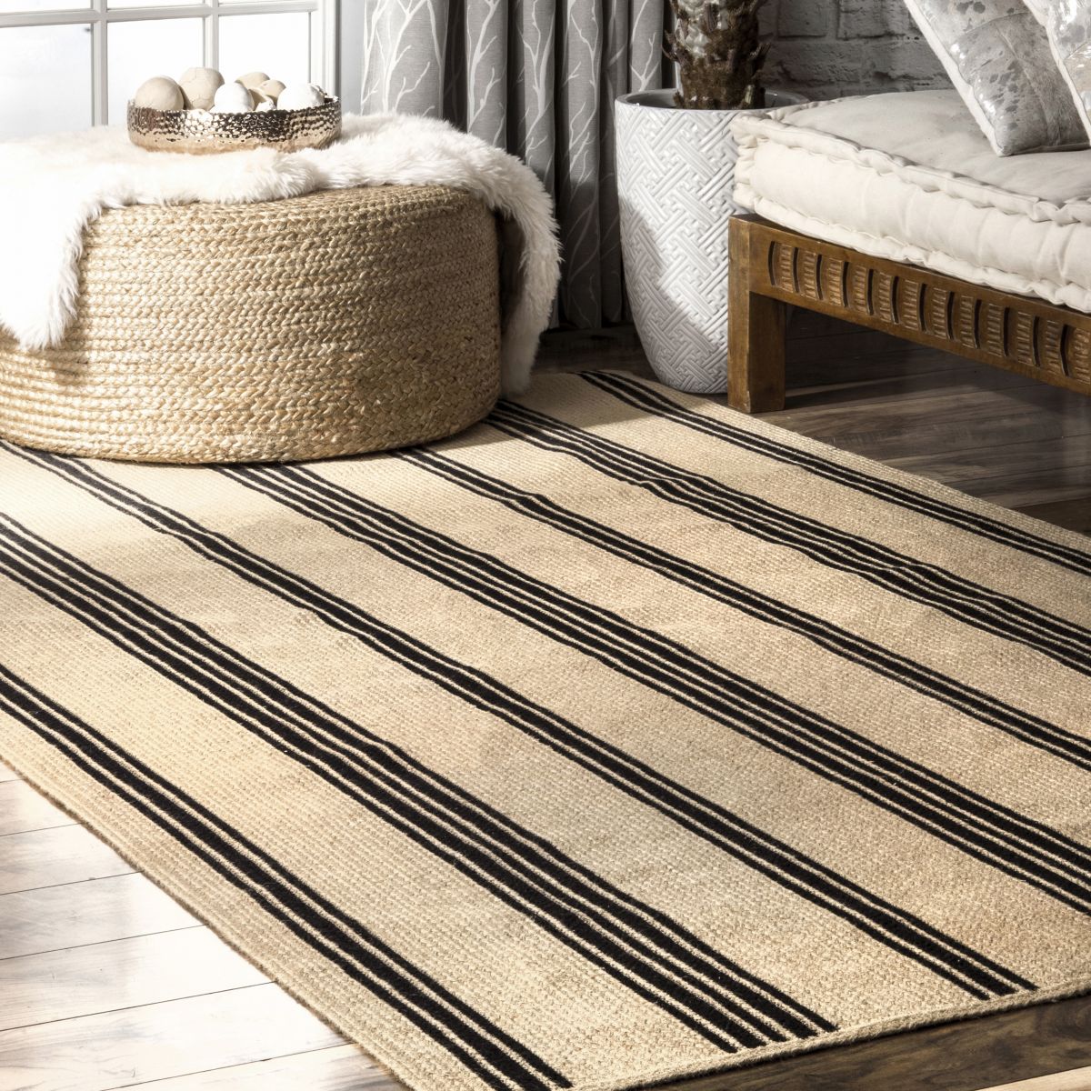 Natural Braided Striped Jute Area Rug | Rugs USA