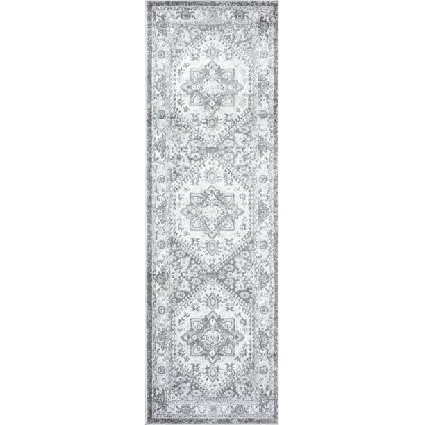 Traditional 2x8 Area Rug (2'3'' x 7'3'') Medallion Gray, White Indoor Runner Easy to Clean - Walm... | Walmart (US)
