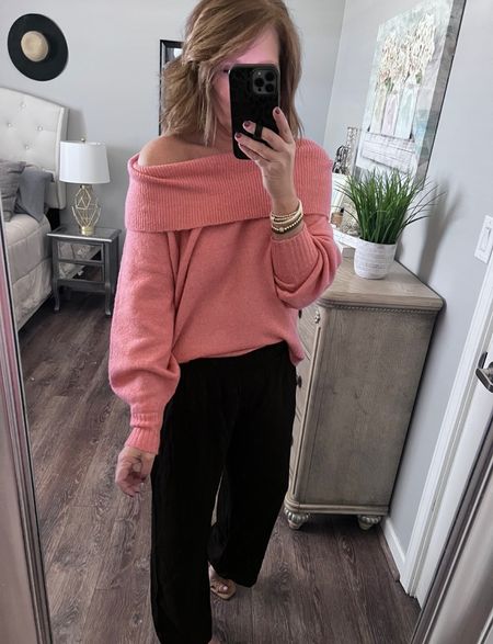 Best Seller 🚨 This beautiful dusty rose on or off the shoulder sweater fits tts ( I sized up for a looser fit-wearing a large) styled with black pull on pants from Pink Lily fits tts wearing a medium. 

Valentines Day outfit, workwear, work outfit, date night, casual dinner outfit, wide leg pants, affordable outfits, fashion over 40

#LTKsalealert #LTKworkwear #LTKunder50