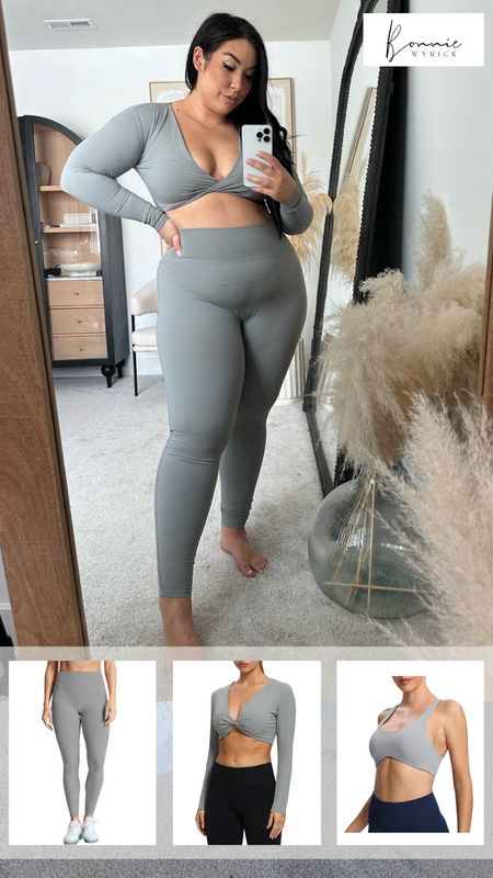 Amazon workout set! Love the fit and texture of these pieces but would maybe get a darker color- gray is always tricky! Midsize Workout Clothes | Curvy Fitness | Amazon Leggings | Amazon Bra | Wrap Top | Midsize Fashion | Size Inclusive Workout Clothes

#LTKfit #LTKunder50 #LTKcurves