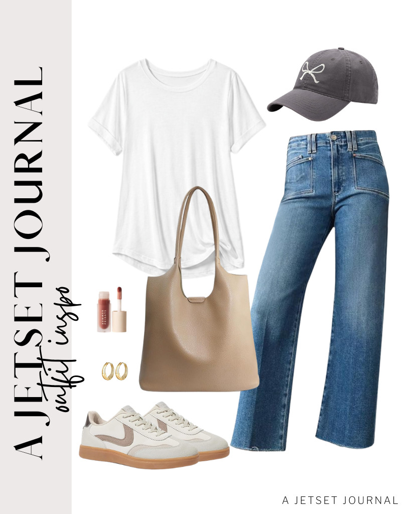 The first outfit is a combination of an oversized white tee from ATHMILE and Astylish wide-leg jeans. You can wear this chic baseball cap with a bow-tie detail, then pair it with a pair of retro sneakers from LUCKY STEP. Finish the look with this top-selling lip oil from Summer Fridays. .

#LTKSeasonal #LTKSaleAlert #LTKTravel
 

 