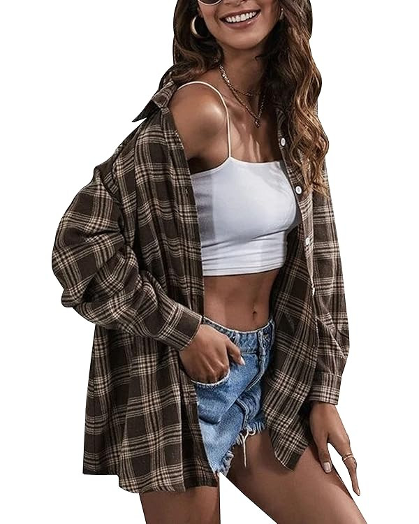HangNiFang Womens Flannel Plaid Shirts Oversized Button Down Shirts Blouse Tops | Amazon (US)