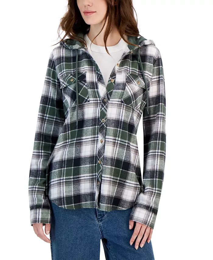 Just Polly Juniors' Plaid Sherpa Hooded Button-Up Shacket - Macy's | Macy's