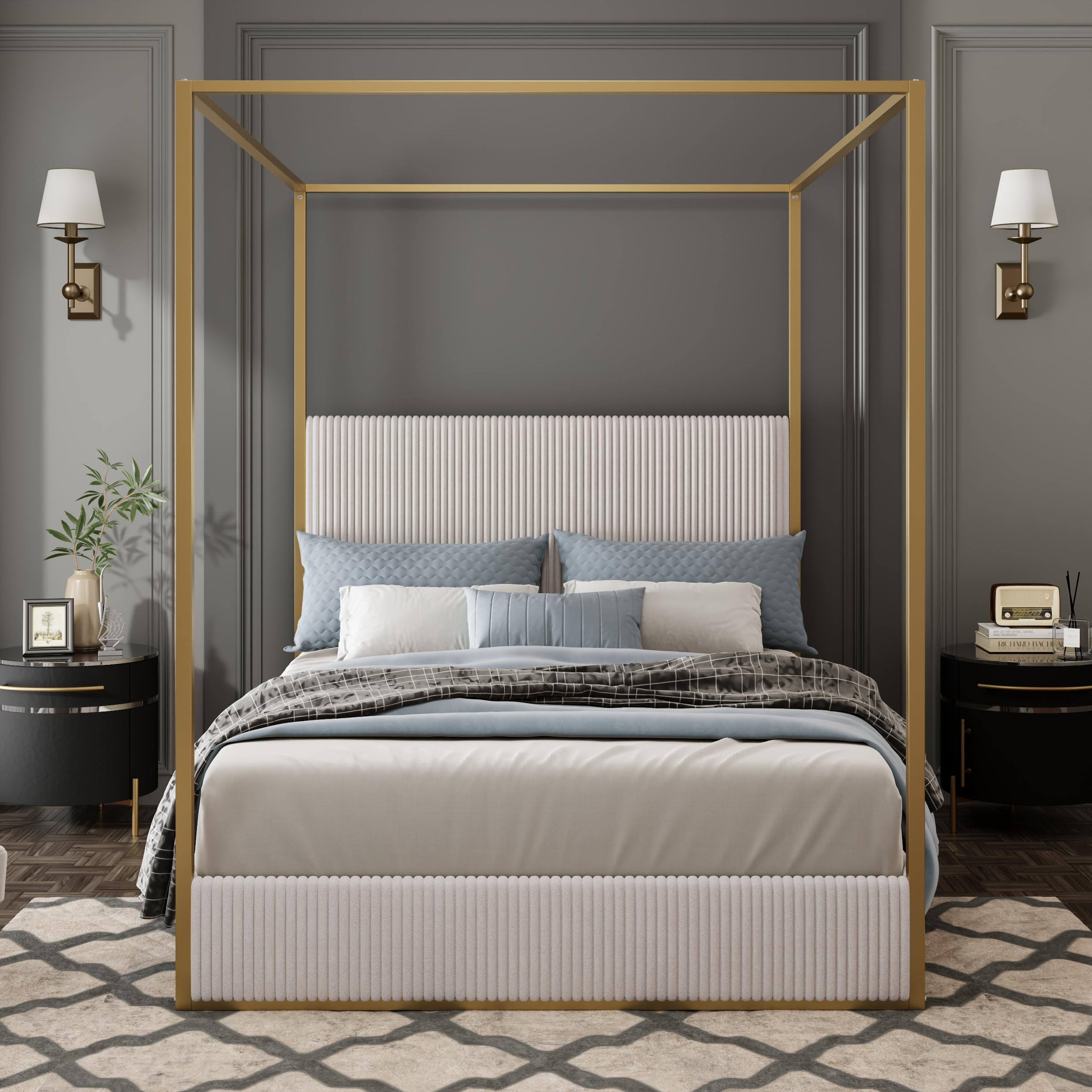 Merax Modern Luxury King Metal Canopy Bed with Tall Upholstered Headboard and Gold Four Poster, N... | Amazon (US)