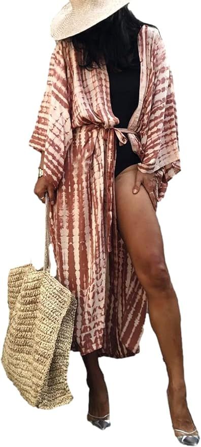 Women Long Beach Kimono Curve Hem Loose Open Front Bathing Suit Cover up | Amazon (US)