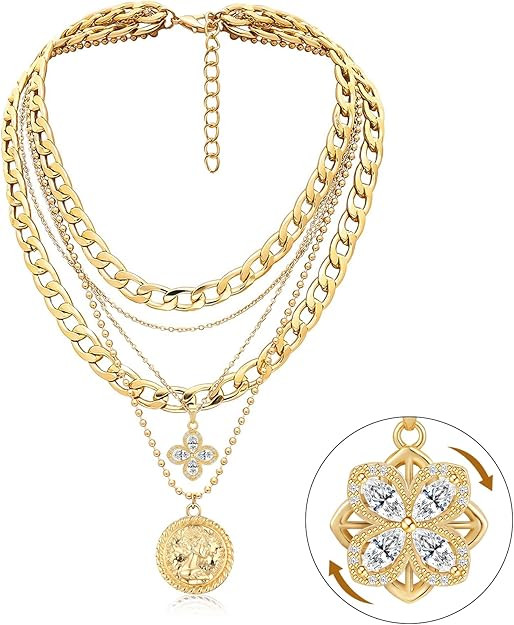 MJartoria Layered Necklaces for Women Trendy Retro Coin Pendant Necklace Dainty Chunky Chain Chok... | Amazon (US)
