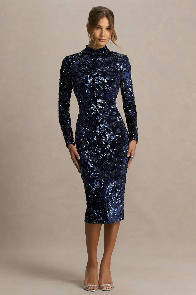 Alanita  Navy Velvet And Sequin High-Neck Midi Dress With Long Sleeves | Club L London