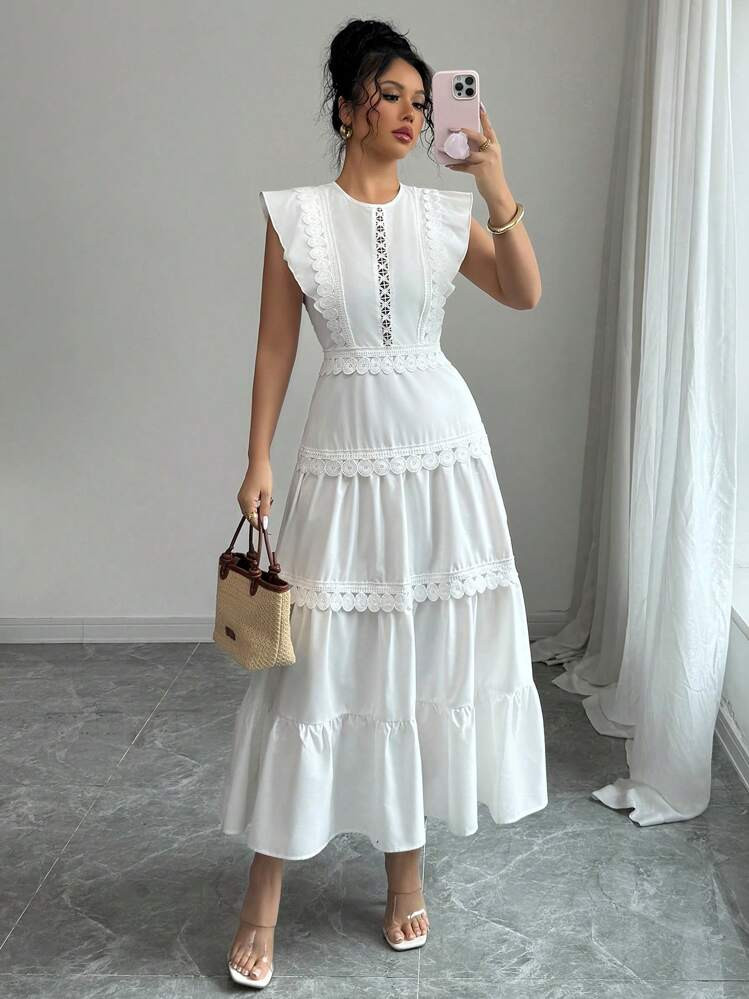Elenzga White Short Puffy Sleeve Water-Soluble Floral Trim Round Neck Women Dress | SHEIN
