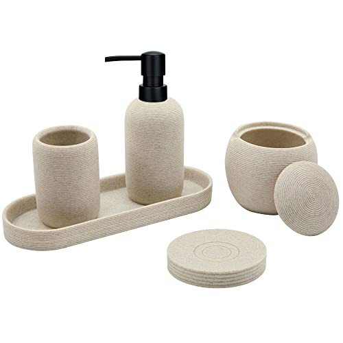 Beige Resin Bathroom Accessory Set, 5 Pcs Bathroom Accessories Set with Lotion Dispenser,Soap Dish,Toothbrush Holder,Vanity Tray,Qtip Holder Dispenser, Modern Bathroom Decor and Housewarming Gift Set | Amazon (US)