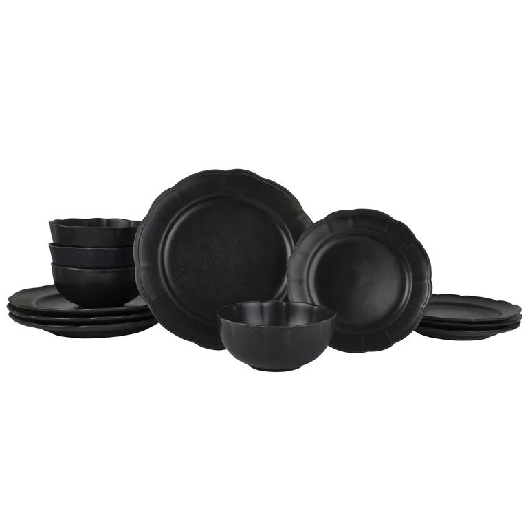 Beautiful Scallop Stoneware Dinnerware 12 Piece Set Black by Drew Barrymore | Walmart (US)