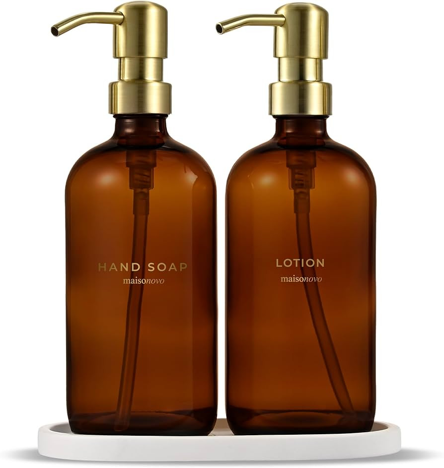 MaisoNovo Kitchen Soap Dispenser Set - 16.9 fl oz Amber Glass Dish Soap Dispenser with Gold Pump ... | Amazon (US)
