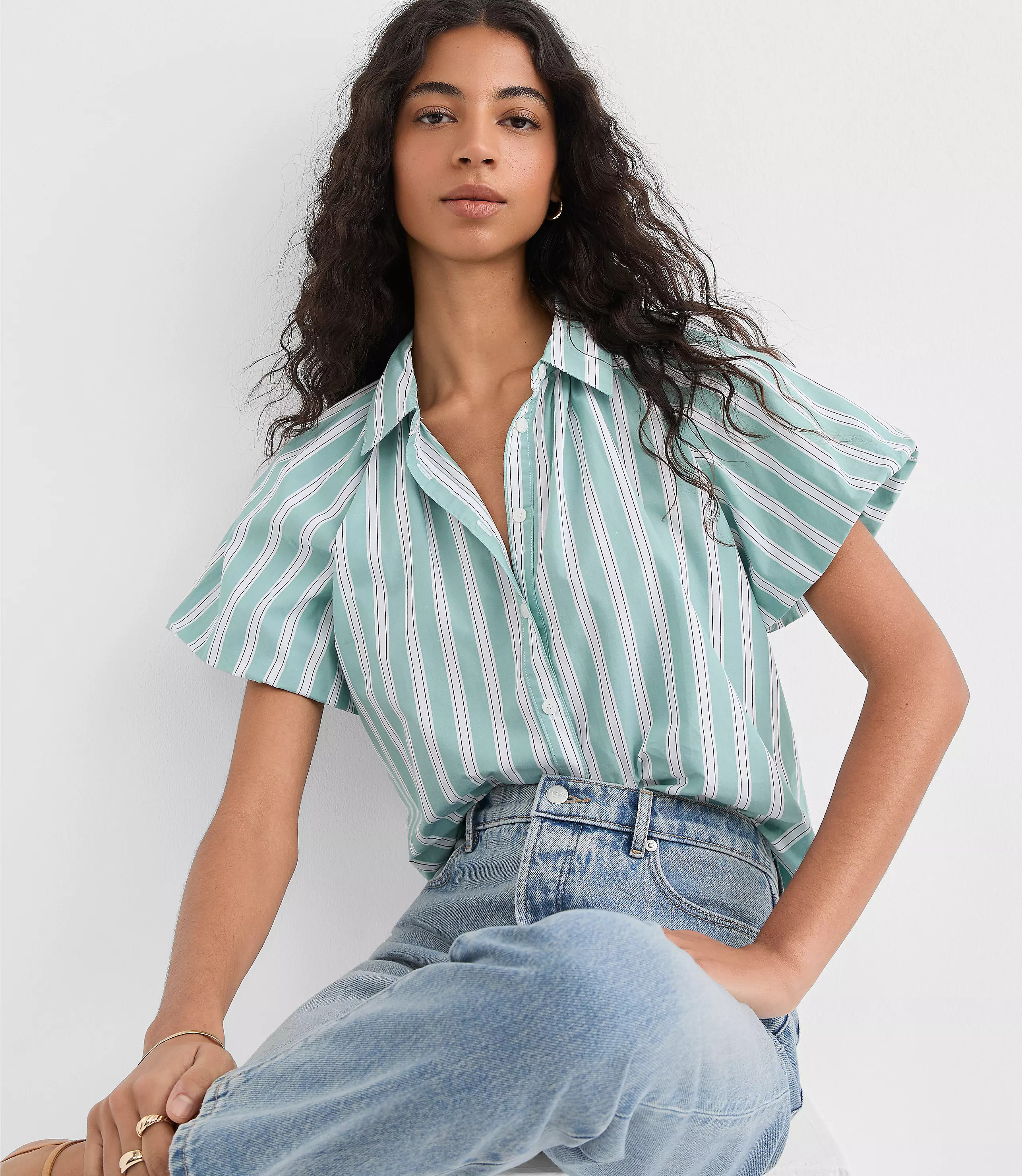 Striped Poplin Bubble Sleeve Shirt | LOFT