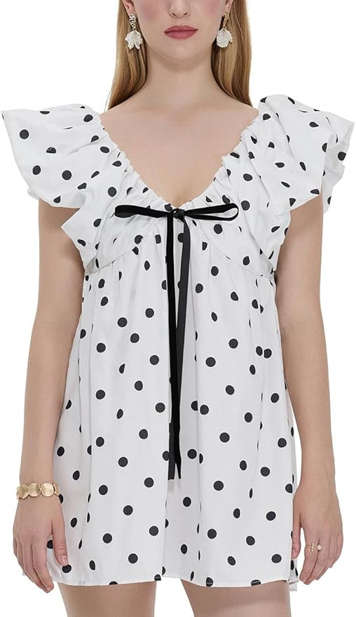 Sastianaen Women Y2k Floral Print Mini Dress Boho V Neck Puff Sleeve Short Dress Bow Tie Flowy Dr... | Amazon (US)