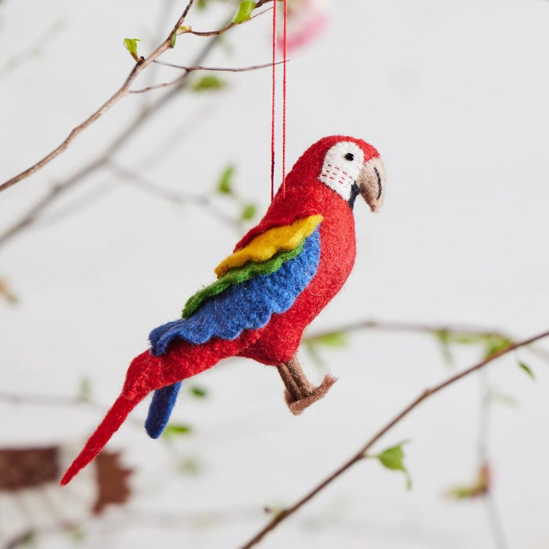 Red Voice of the Forest Parrot Ornament, Hand Felted Colorful Bird Charm, Handmade Tropical Decor | Etsy (US)