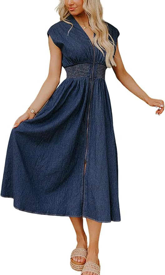 utcoco Womens Denim Dress Sleeveless V Neck Zip Up Smocked High Waist Ruffle A Line Long Midi Jea... | Amazon (US)